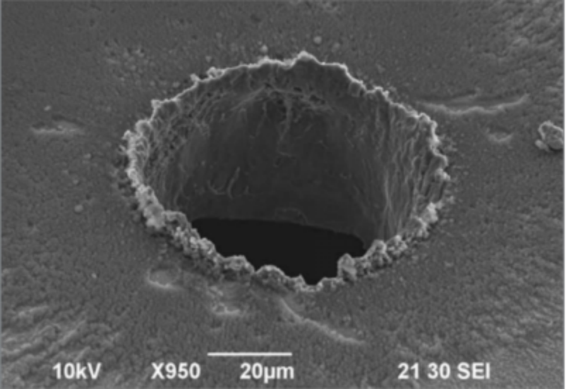 Laser micromachining experiments conducted at the Italian Institute of Technology have shown that at constant flux, the ablation efficiency of a nanosecond laser drilling system increases tenfold when the spot size is reduced from 220 microns to 9 microns.