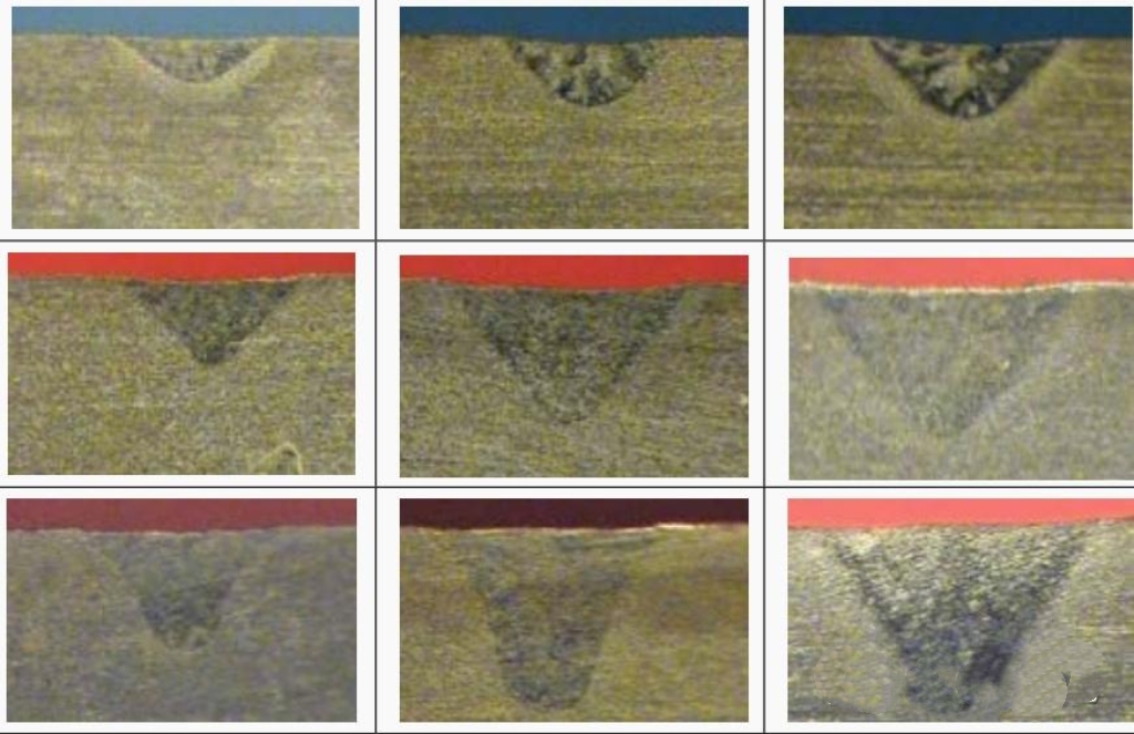 Metallographic images of laser welding penetration depth at different power levels
